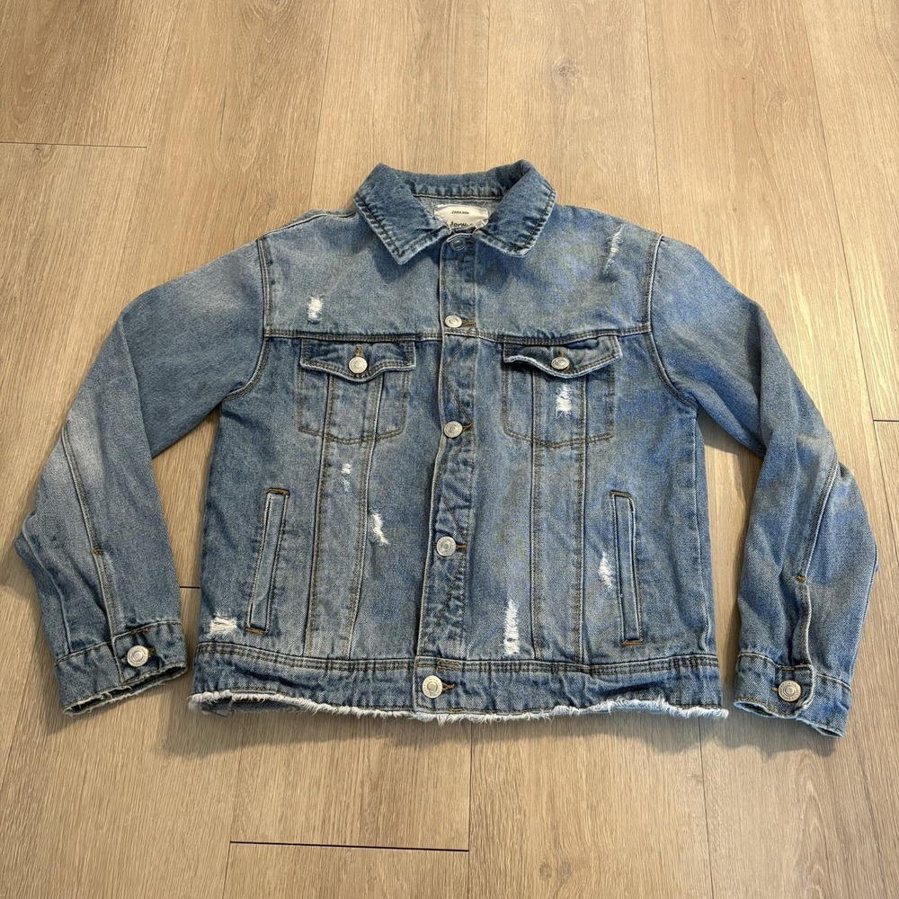 Zara Kids Girls Jean Jacket Size 11-12 Blue Denim 100% Cotton Long Sleeve Button